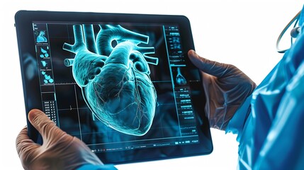 Cardiac MRI images  on Tablet are instrumental in assessing cardiac health identifying heart abnormalities isolated on white backgroundClipping path : Generative AI