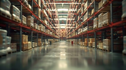 Large storage warehouse There is a walkway in the middle between the shelves : Generative AI