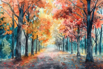 A serene and colorful depiction of a winding path in a peaceful park, perfect for use in travel or nature-inspired designs