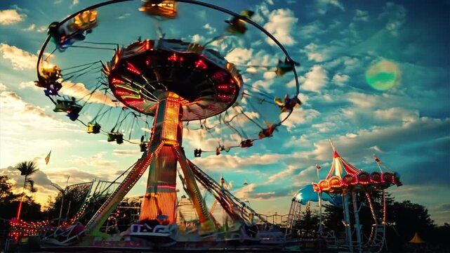 A carnival ride with many people on it. The ride is spinning and the sky is blue