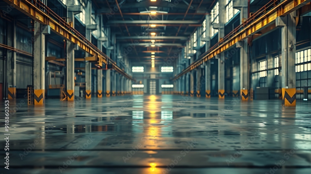 Poster clean and empty industrial hall in detail for supporting poles : generative ai