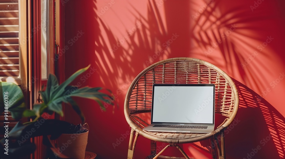 Poster laptop computer with blank screen on comfortable rattan chair against red color wall aesthetic templ