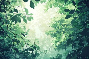 A calming view of the rainforest canopy with mist gently drifting through the leaves. The scene feels peaceful and cozy vibe, Generative AI