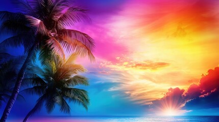 A colorful sunset over the ocean with palm trees in the foreground. The sky is filled with a variety of colors, including pink, purple, and blue. The scene is serene and peaceful