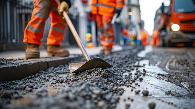 Groundworkers  in hiviz using shovel leveling concrete  kerbs on  construction site : Generative AI