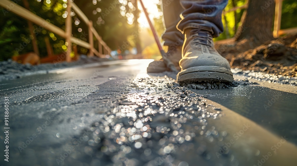 Poster Man working on smoothing concrete driveway for the new home build at construction site Architecture and exterior structure base progress safety foundation pavement ground Real estate i : Generative AI
