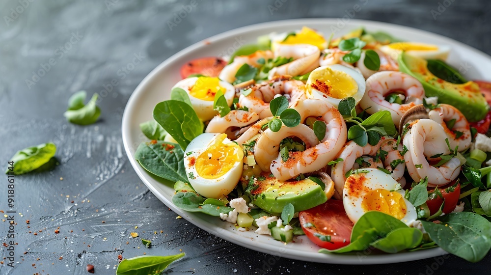 Poster Healthy salad with squid and avocado on white plate with harsh shadows Calamari salad with vegetables and eggs on white background with shadows of leaves Summer food menu : Generative AI