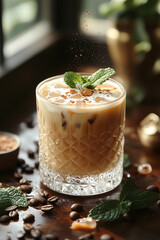 Iced Coffee Drink with Whipped Cream and Mint Garnish