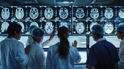 Hospital Medical Research Center Focus On Hand Gestures Of Diverse Colleagues Gathered Around Interactive Touch Screen Table With MRI Scans Of Brain On Display Doctors Looking For Alzh : Generative AI