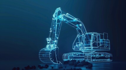Hologram of a excavator on the dark blue background.