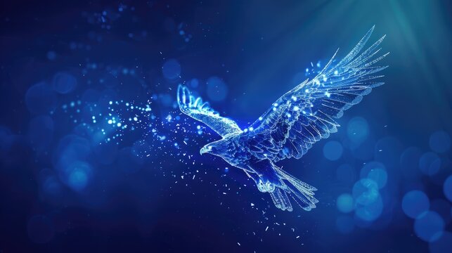 Hologram of a flying eagle on the dark blue background.