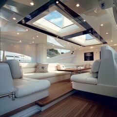 Modern yacht interior with white leather seating and wooden floor.