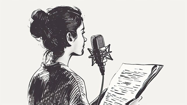 Young woman with a piece of paper records the voiceover on a professional microphone.