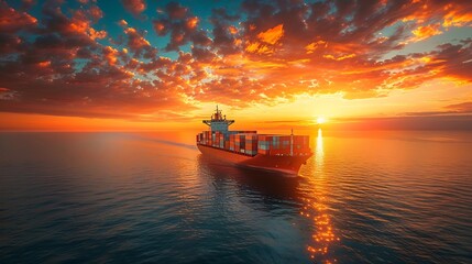 Naklejka premium Container cargo ship in the ocean at sunset blue sky background with copy space Nautical vessel and sea freight shipping International global business logistics transportation import e : Generative AI