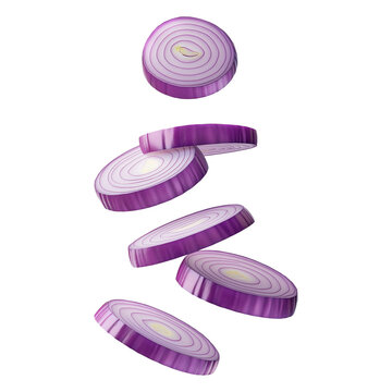 Realistic sliced purple onion rings floating in mid-air, showcasing vibrant color and intricate layers