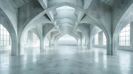 Huge empty industrial warehouse building White interior Hemispherical reinforced concrete load bearing roof with windows Unique architecture : Generative AI