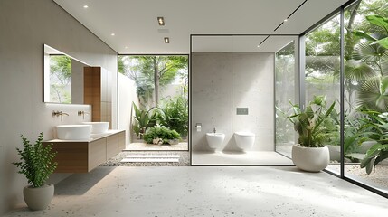 Fototapeta premium bathroom with mirror integrated into the wall white porcelain toilets shower cabin with sliding glass doors aluminum windows and modern terrazzo floors : Generative AI