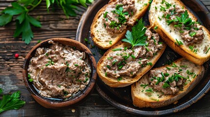 Toasted bread with chicken liver pate on plate over wooden background Top view flat lay : Generative AI