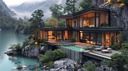 Obraz premium modern cabin in the mountains, modern architecture with wood and glass windows