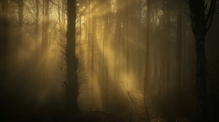 Mysterious dark forest with fog and sunbeams at sunrise.