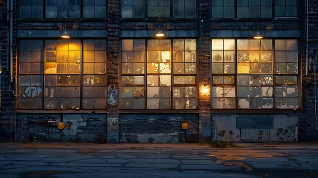 exterior of big old warehouse with windows at night : Generative AI