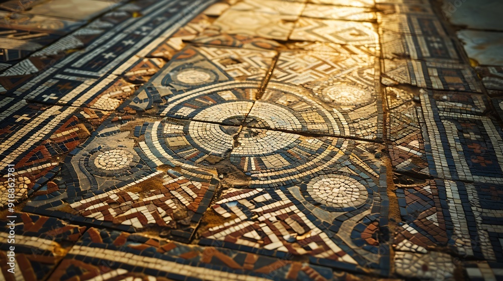 Poster ancient mosaic floor regular pattern from laodicea church with geometric design denizli turkey turki