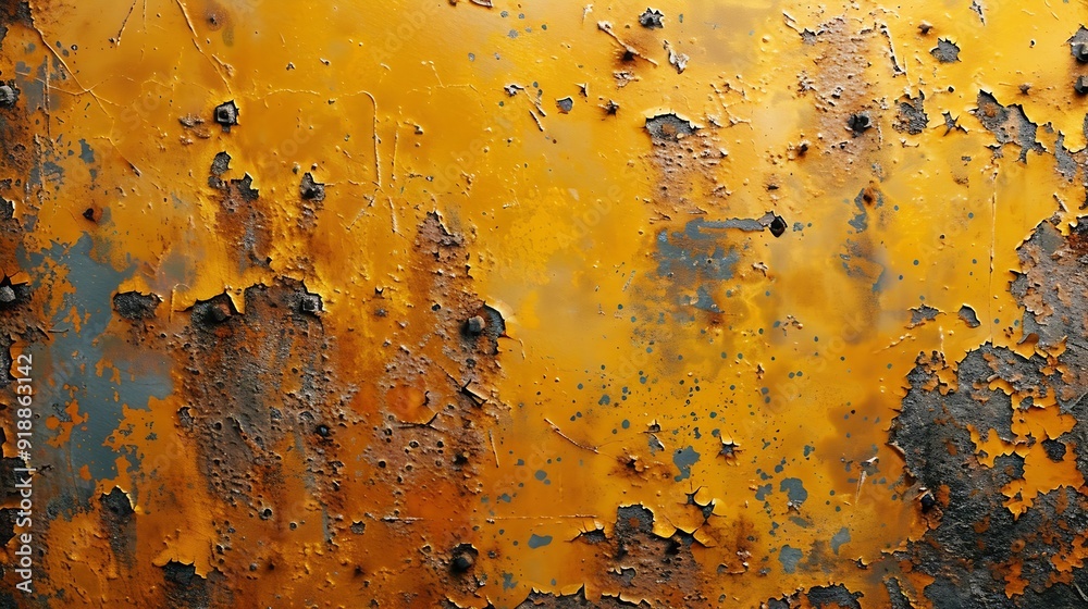 Poster orange rust stains on weathered steel plate or top view yellow iron table and old brown metal wall f