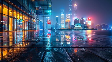 City square floor and modern commercial building scenery at night in Shanghai China Famous...