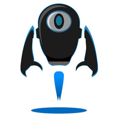 flying one-eyed robot vector design with blue fire rocket