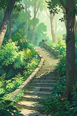 Fototapeta premium Sunlit Stone Staircase in a Lush Forest Setting. The image evokes a peaceful, natural atmosphere. Anime art style