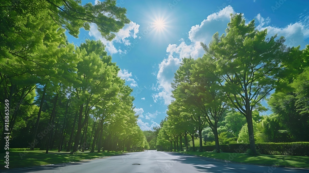 Poster empty square or road through green forest trees under blue sky and clouds : generative ai