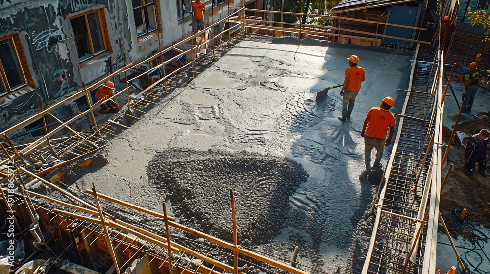 Poster construction site of buildings pouring cement top view new screed concrete with leveling mortar for 