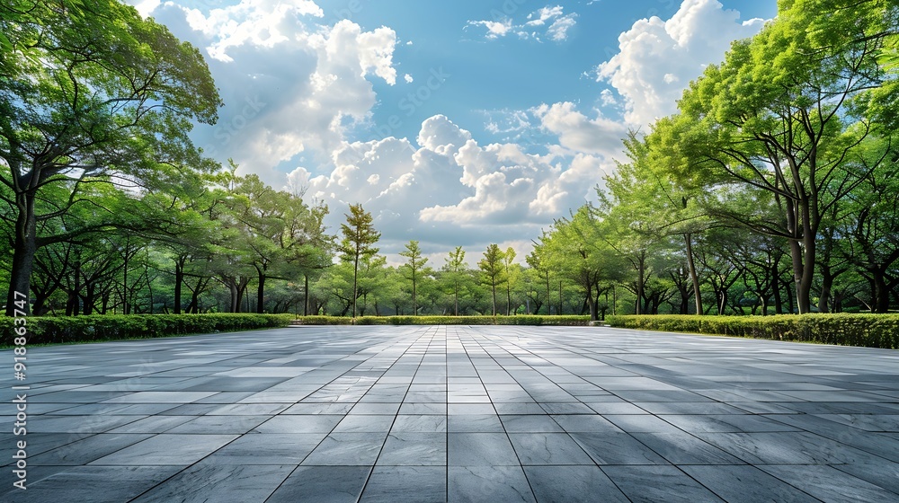 Leinwandbilder empty square floor and green forest with sky clouds background panoramic view : generative ai