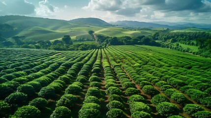 Naklejka premium Aerial view of coffee field plantation in southern Minas Gerais Brazil : Generative AI