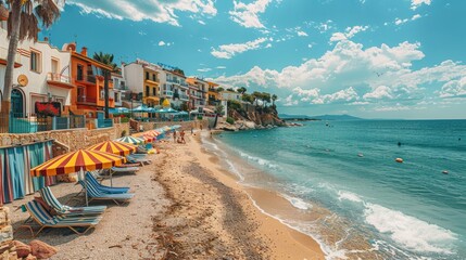 Obraz premium Brightly colored umbrellas are arranged on a sandy beach against the backdrop of clear turquoise water and rocky outcrops. A picturesque and inviting seaside scene.