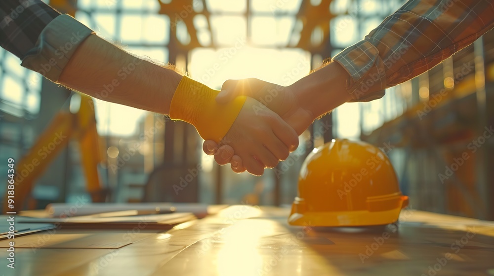 Poster construction team shake hands greeting start new project plan behind yellow helmet on desk in office