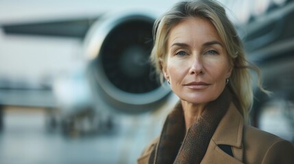 Mature business woman in coat near her jet in airport : Generative AI