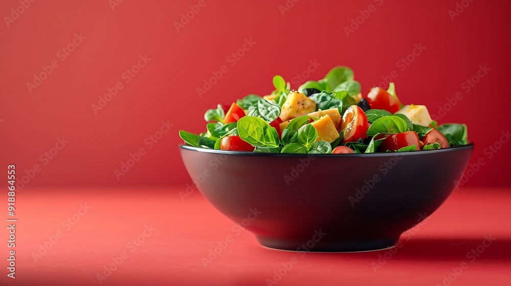 Poster vegetarian green salad on trendy red background with hard shadow green bowl with vegetables and tofu