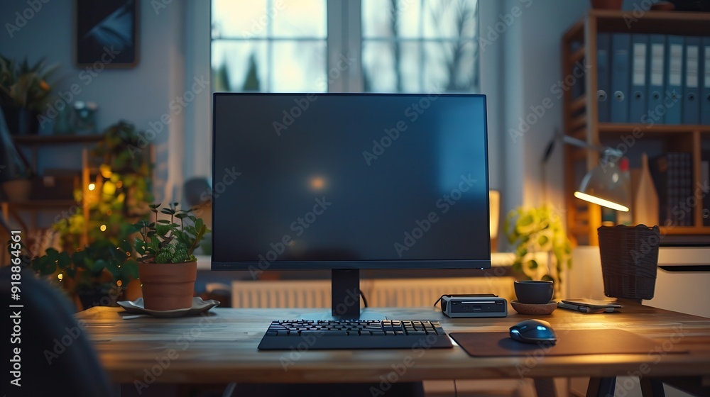 Fototapete Empty workspace and a computer in a home office for remote work business or design of desk Working creative and a table with a pc and setup for a freelance career or entrepreneurship f : Generative AI