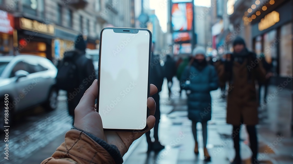Poster man holding smartphone showing white blank screen at street : generative ai