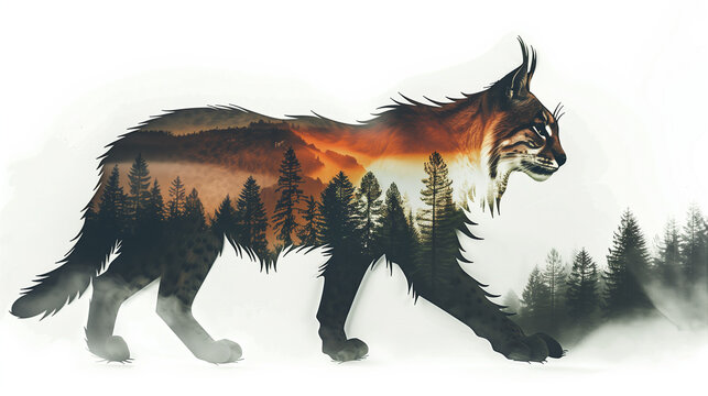 Linx on white double exposure forest inside