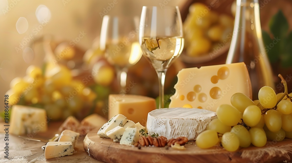Poster various cheese on board and white wine over beige background with copy space : generative ai