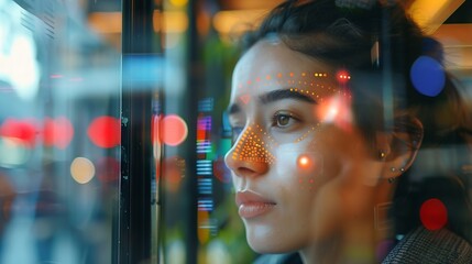 Concept of facial recognition scan used for confirming payment for food transaction at fastfood restaurant POV from terminal kiosk Emerging wearable and contactless payment technology : Generative AI