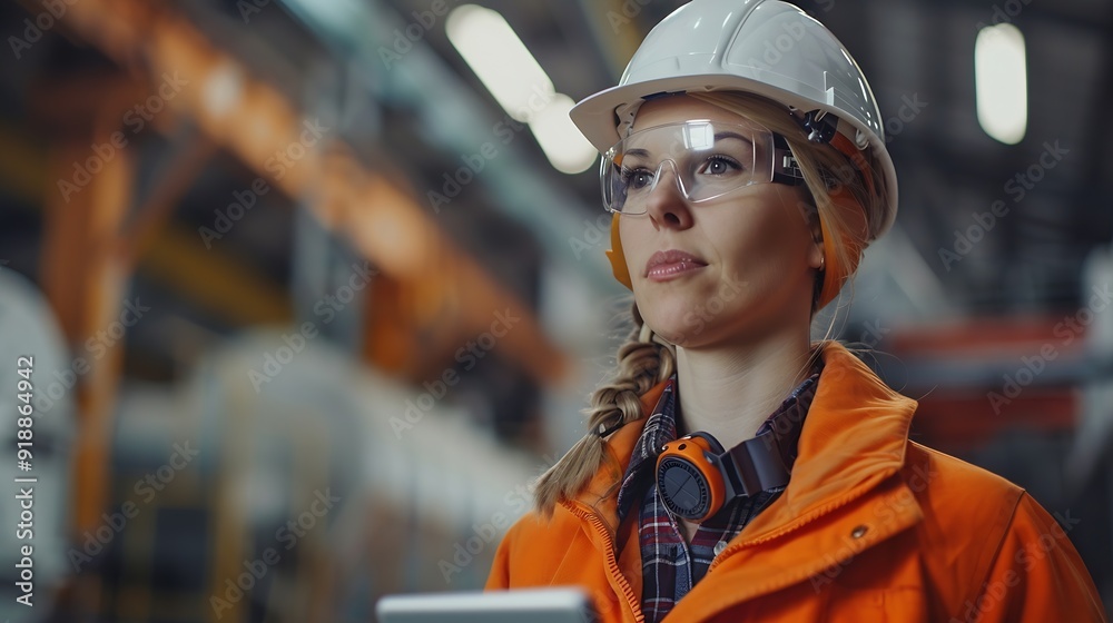 Poster Female engineer with digital tablet at construction site Factory foreman worker in hardhat at the precast factory site : Generative AI