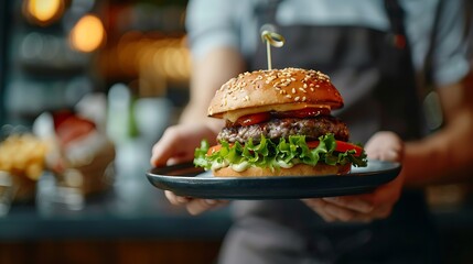 The waiter takes the burger to the outdoor summer area in the cafe street fast food : Generative AI