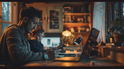 Obraz premium man work from home with son at background and talk on mobile phone : Generative AI