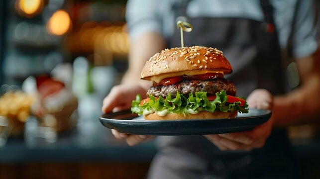 The waiter takes the burger to the outdoor summer area in the cafe street fast food : Generative AI
