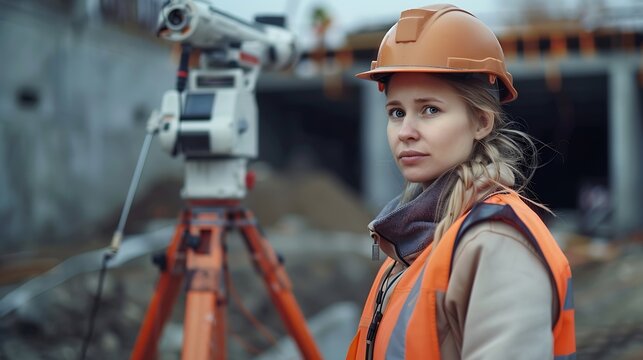 Female site engineer surveyor working with theodolite total station EDM equipment on a building construction site outdoors : Generative AI