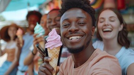 Multiracial people having fun doing selfie with mobile phone at food truck restaurant outdoor Focus on african man face : Generative AI