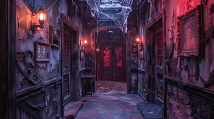 Fototapeta premium Retro haunted house attraction with eerie animatronics and cobweb-covered corridors for daring visitors.